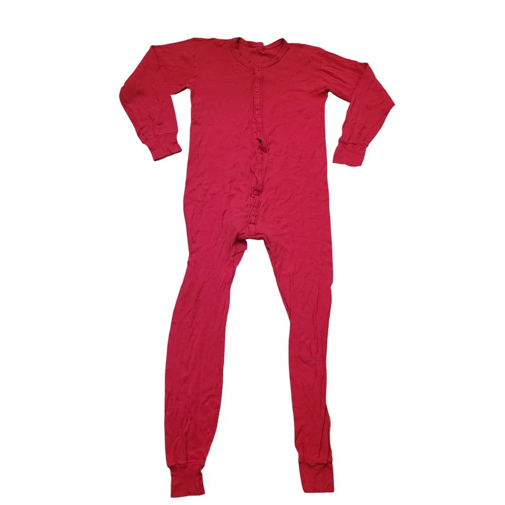 M/L Union Suit Red Long Sleeve Ribbed Thermal Rear Flap Longjohns Base Layer